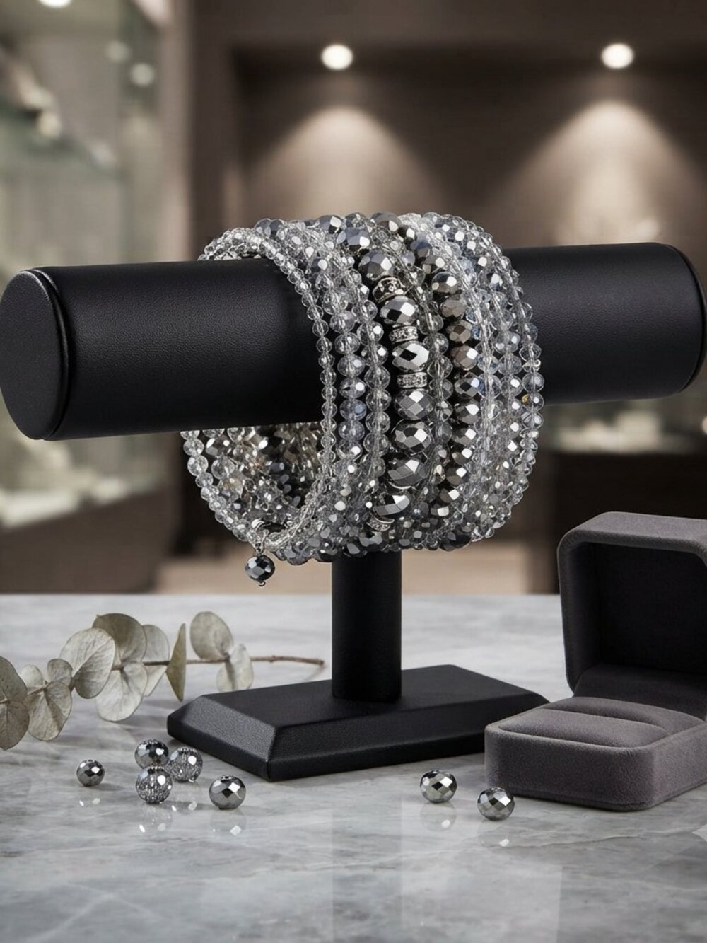 Ali Khan 11-Row Beaded Gray & Clear Open Bracelet